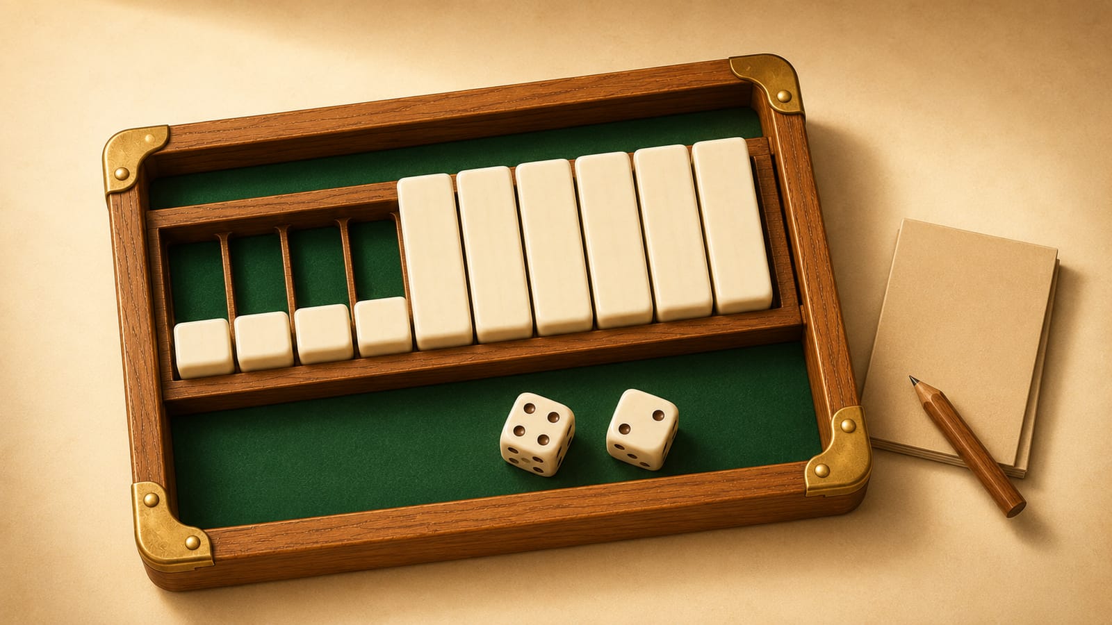 A wooden Shut the Box tray with nine ivory tiles, three of them shut, two dice and a paper scorecard beside it
